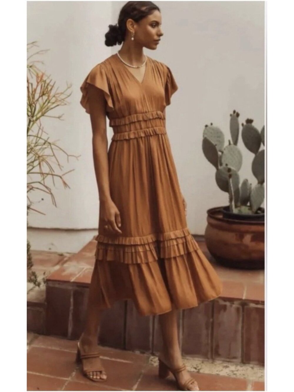 Bohme Women's Terracotta Midi Dress With Ruffles Size Medium Bohemian A1